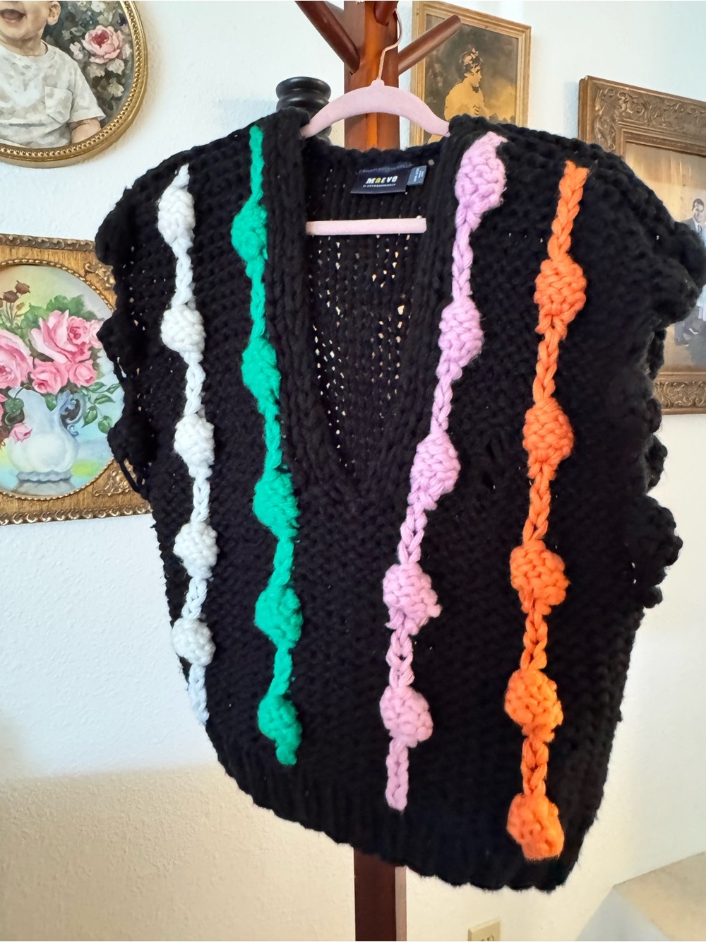 Chunky Black Knit Sweater Vest with Colorful Rope Detail